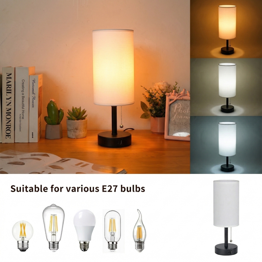 Brilagi - Stona lampa sa USB portom TABLON 1xE27/25W/230V crna/bela