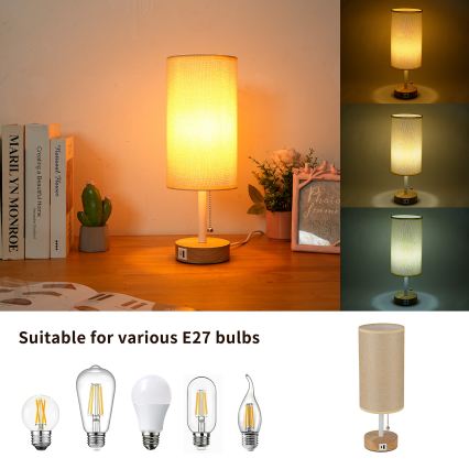 Brilagi - Stona lampa sa USB portom TABLON 1xE27/25W/230V hrast/bela/bež