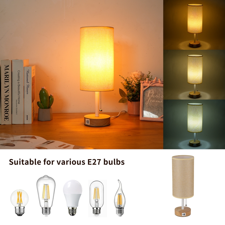 Brilagi - Stona lampa sa USB portom TABLON 1xE27/25W/230V hrast/bela/bež
