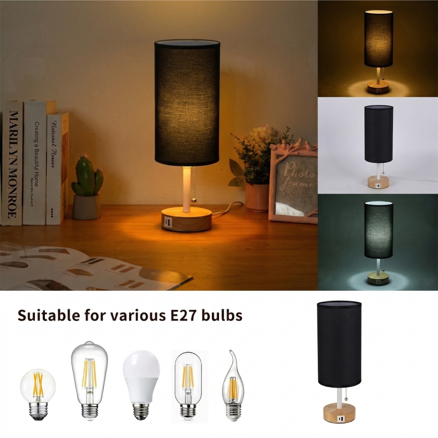 Brilagi - Stona lampa sa USB portom TABLON 1xE27/25W/230V hrast/bela/crna