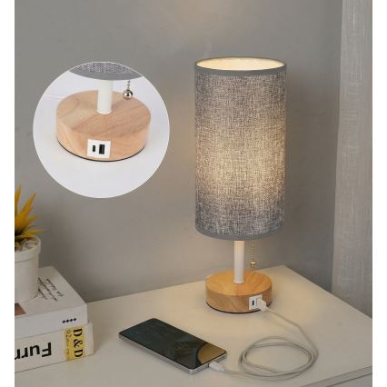 Brilagi - Stona lampa sa USB portom TABLON 1xE27/25W/230V hrast/bela/siva