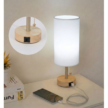 Brilagi - Stona lampa sa USB portom TABLON 1xE27/25W/230V hrast/bež/bela