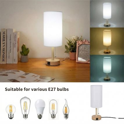 Brilagi - Stona lampa sa USB portom TABLON 1xE27/25W/230V hrast/bež/bela