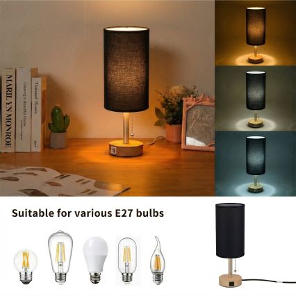 Brilagi - Stona lampa sa USB portom TABLON 1xE27/25W/230V hrast/bež/crna