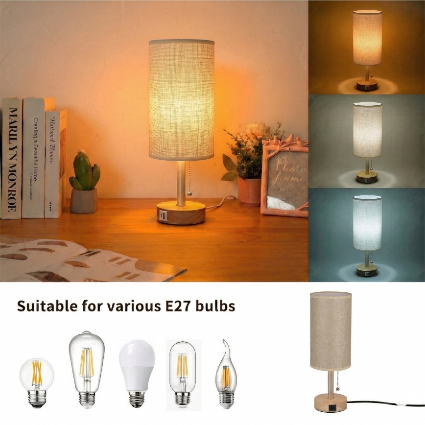 Brilagi - Stona lampa sa USB portom TABLON 1xE27/25W/230V hrast/bež