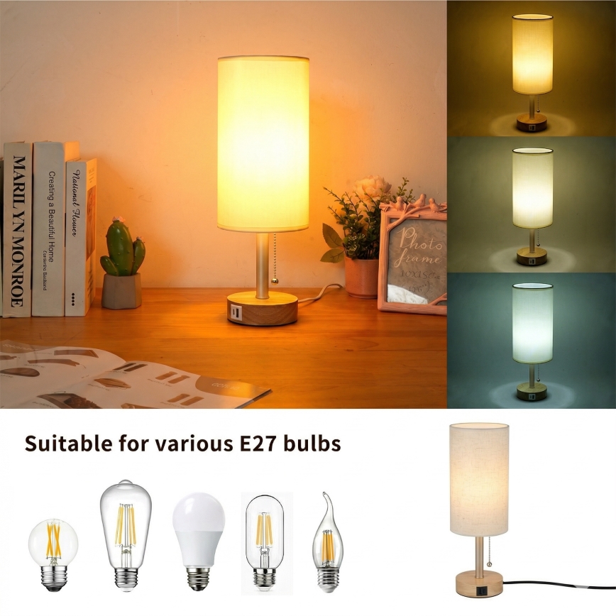 Brilagi - Stona lampa sa USB portom TABLON 1xE27/25W/230V hrast/bež/krem
