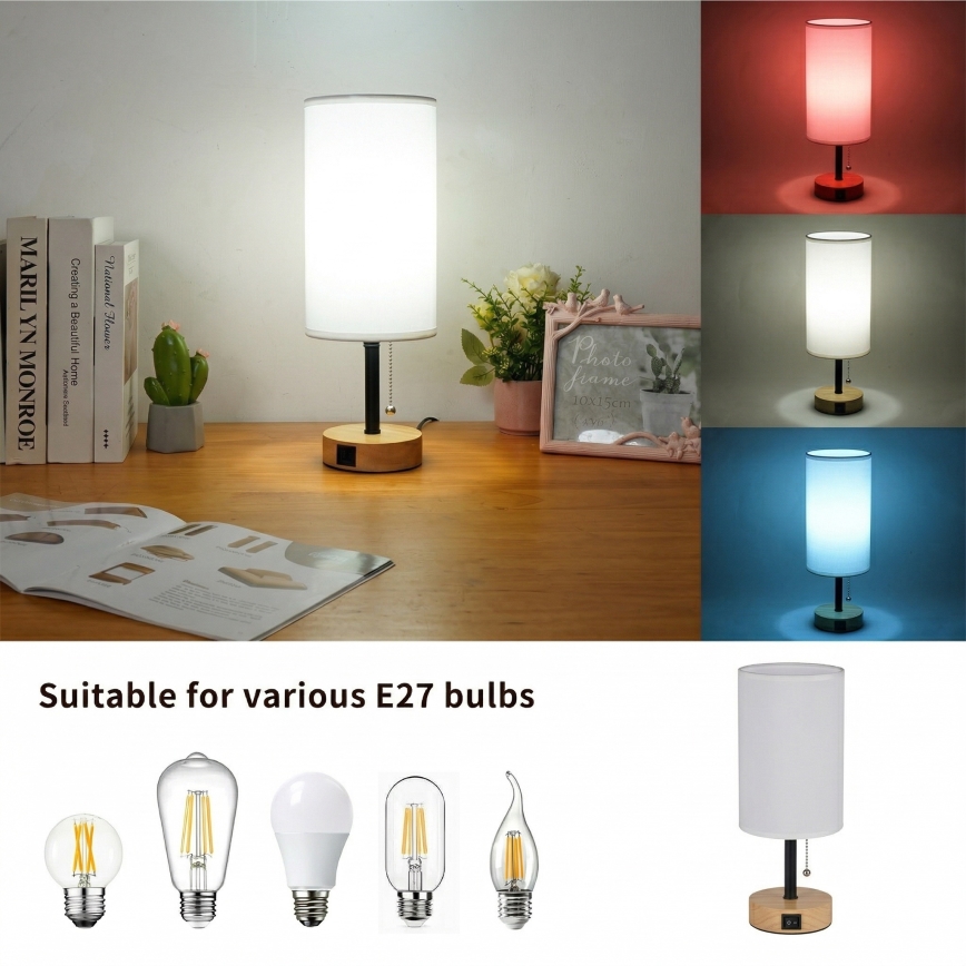 Brilagi - Stona lampa sa USB portom TABLON 1xE27/25W/230V hrast/crna/bela