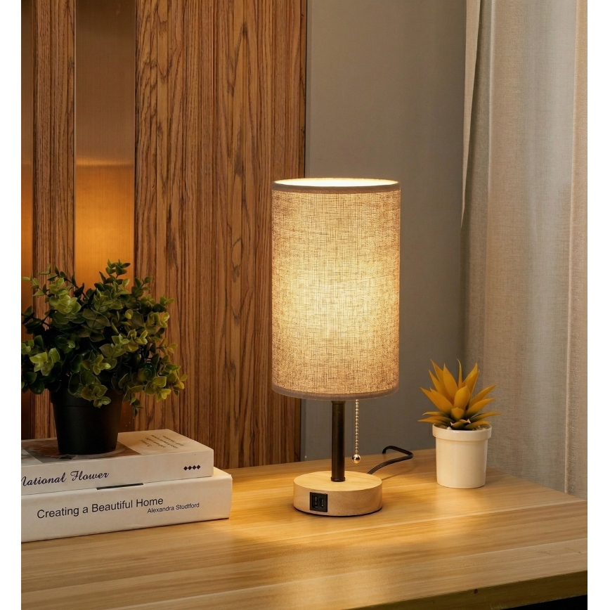 Brilagi - Stona lampa sa USB portom TABLON 1xE27/25W/230V hrast/crna/siva