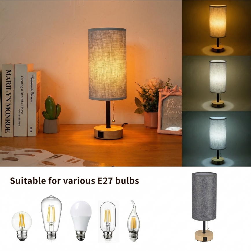 Brilagi - Stona lampa sa USB portom TABLON 1xE27/25W/230V hrast/crna/siva