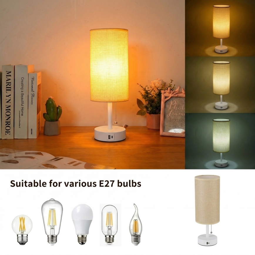 Brilagi - Stona lampa sa USB priključkom TABLON 1xE27/25W/230V bela/bež