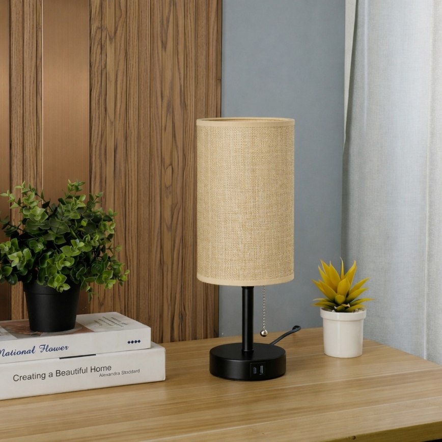 Brilagi - Stona lampa sa USB priključkom TABLON 1xE27/25W/230V crna/bež