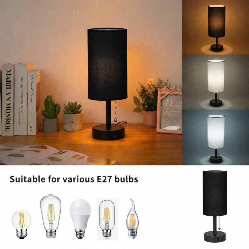 Brilagi - Stona lampa sa USB priključkom TABLON 1xE27/25W/230V crna