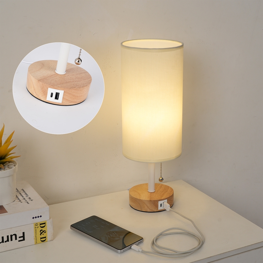 Brilagi - Stona lampa sa USB priključkom TABLON 1xE27/25W/230V hrast/bela/krem
