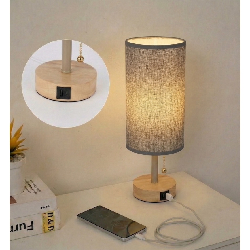 Brilagi - Stona lampa sa USB priključkom TABLON 1xE27/25W/230V hrast/bež/siva