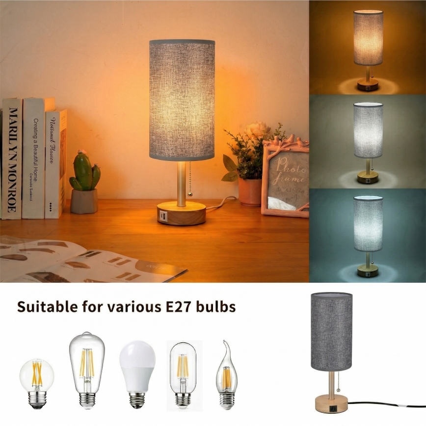 Brilagi - Stona lampa sa USB priključkom TABLON 1xE27/25W/230V hrast/bež/siva