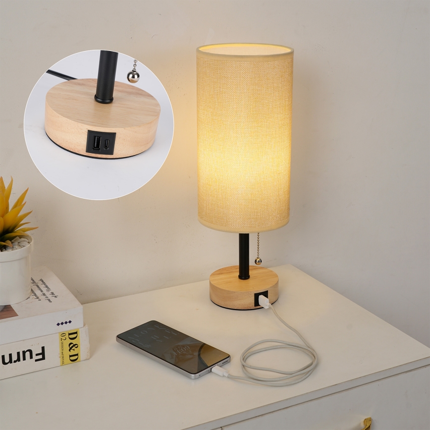 Brilagi - Stona lampa sa USB priključkom TABLON 1xE27/25W/230V hrast/crna/bež