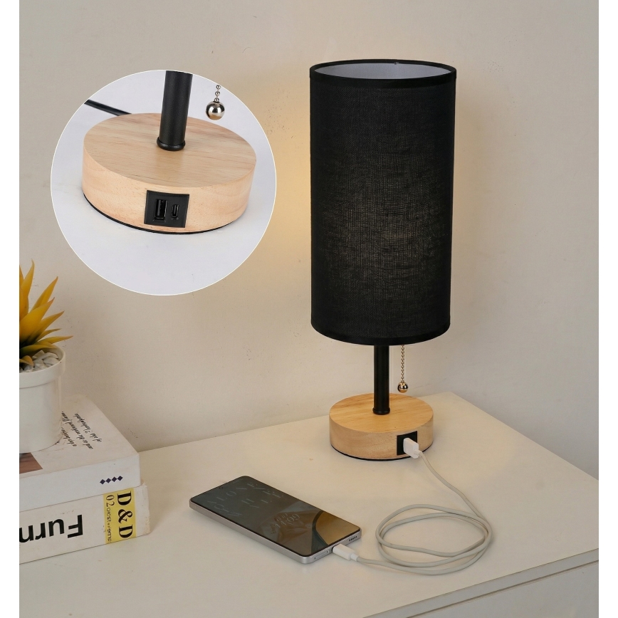 Brilagi - Stona lampa sa USB priključkom TABLON 1xE27/25W/230V hrast/crna