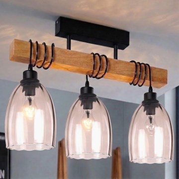 BRILAGI - Stropni luster WOOD GLASS 3xE27/60W/230V borovina/crna/zadimljeno bež