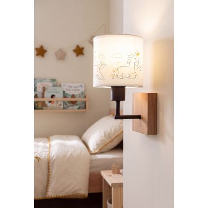 BRILAGI - Dečija zidna lampa BOBO WOOD 1xE27/25W/230V hrast/crna/bela/jednorogovi