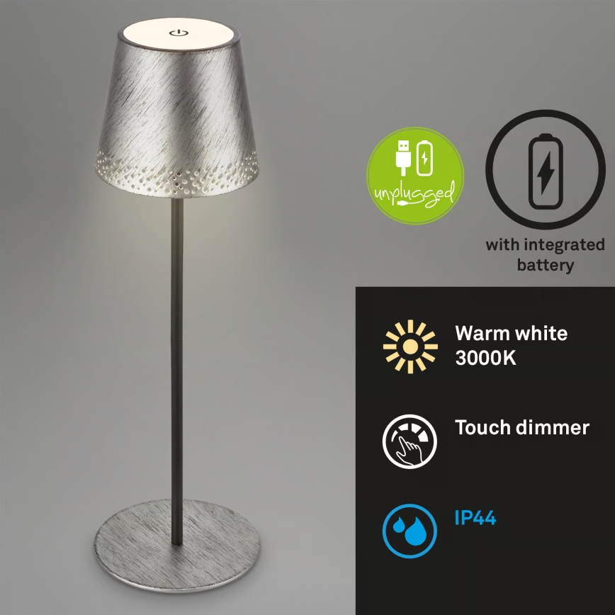 Brilo - LED prigušiva punjiva dodirna spoljašnja stona lampa KIKI LED/2,6W/5V IP44 2600 mAh srebrna