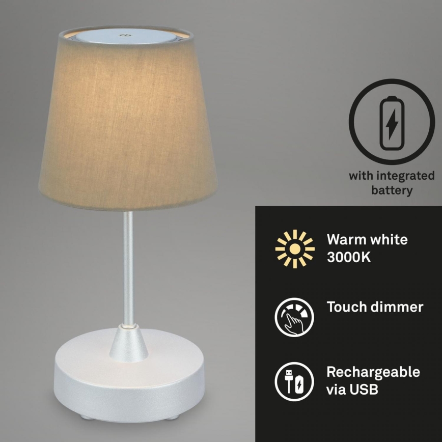 Brilo - LED prigušiva punjiva spoljna stona lampa LED/3W/5V IP44 srebrna/bež