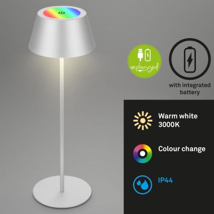 Brilo - LED RGB prigušiva punjiva stona lampa na dodir za spoljašnju upotrebu KIKI LED/2,6W/5V IP44 2600 mAh srebrna