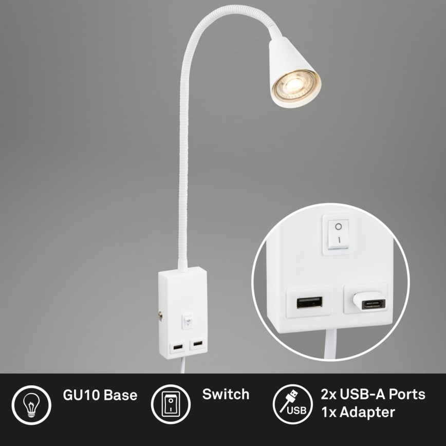 Briloner 2175-016 - Fleksibilna zidna lampa sa USB portom 1xGU10/10W/230V bela