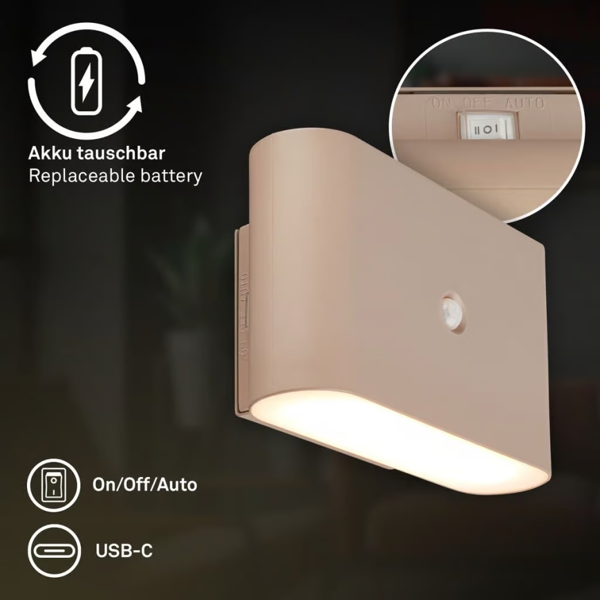 Briloner 3878011 - LED punjivo zidno svetlo sa senzorom pokreta i sumraka CHAT LED/3W/5V 2000 mAh bež