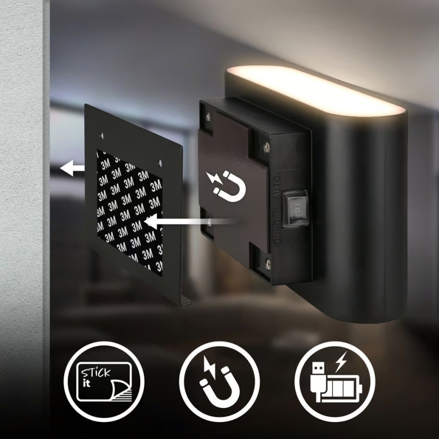 Briloner 3878015 - LED punjiva zidna svetiljka sa senzorom pokreta i sumraka CHAT LED/3W/5V 2000 mAh crna