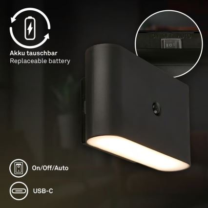 Briloner 3878015 - LED punjiva zidna svetiljka sa senzorom pokreta i sumraka CHAT LED/3W/5V 2000 mAh crna