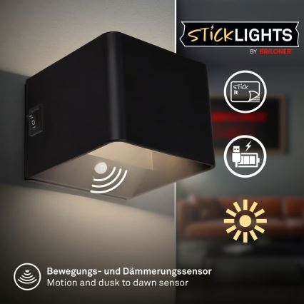 Briloner 3879015 - Punjivo LED zidno svetlo sa senzorom pokreta i sumraka BORRA LED/1,5W/5V 3600 mAh crno