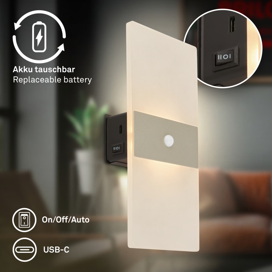Briloner 3888012 - LED punjivo zidno svetlo sa senzorom pokreta i sumraka AURA LED/2,5W/5V 1800 mAh mat hrom