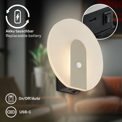Briloner 3889012 - Punjiva LED zidna lampa sa senzorom pokreta i sumraka TARO LED/2,5W/5V 1800 mAh mat hrom