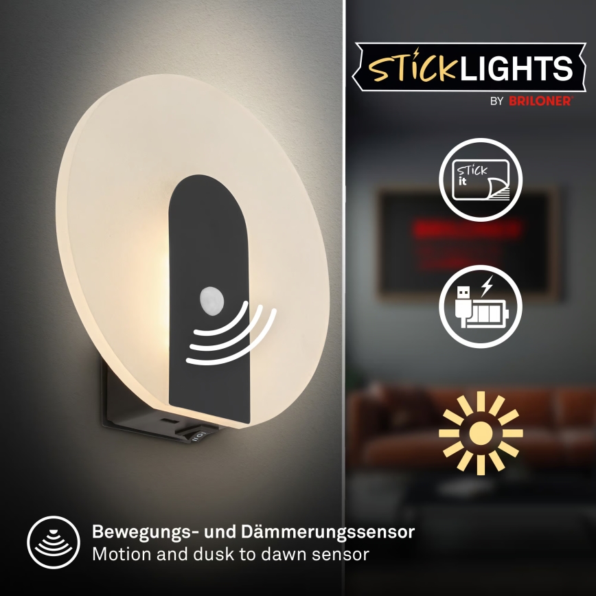 Briloner 3889015 - LED punjivo zidno svetlo sa senzorom pokreta i sumraka TARO LED/2,5W/5V 1800 mAh crna