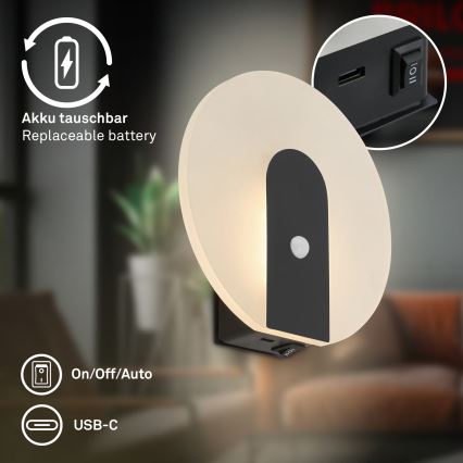 Briloner 3889015 - LED punjivo zidno svetlo sa senzorom pokreta i sumraka TARO LED/2,5W/5V 1800 mAh crna