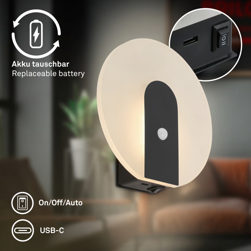 Briloner 3889015 - LED punjivo zidno svetlo sa senzorom pokreta i sumraka TARO LED/2,5W/5V 1800 mAh crna