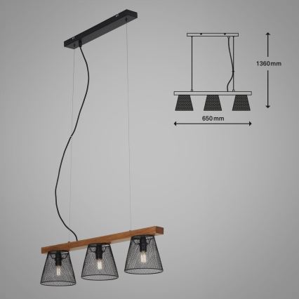 Briloner 4077-035 - Luster na sajli WOOD & STYLE 3xE14/25W/230V kaučukovac