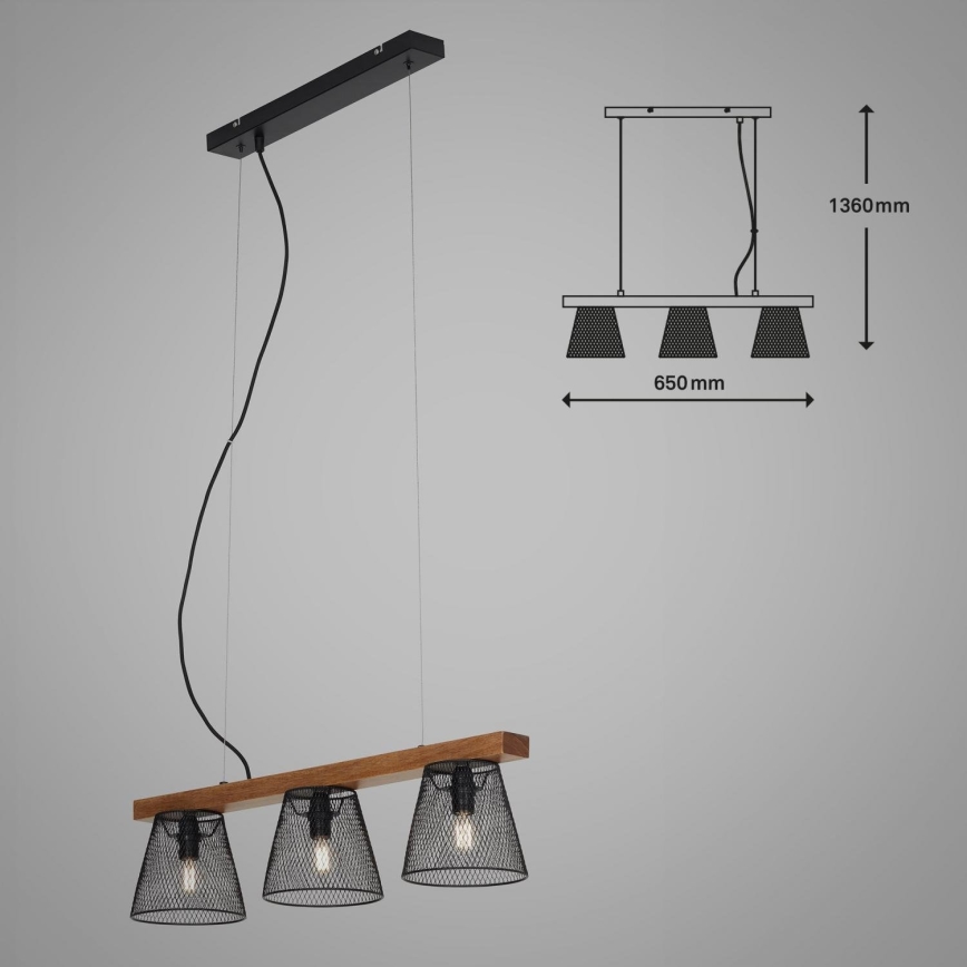 Briloner 4077-035 - Luster na sajli WOOD & STYLE 3xE14/25W/230V kaučukovac
