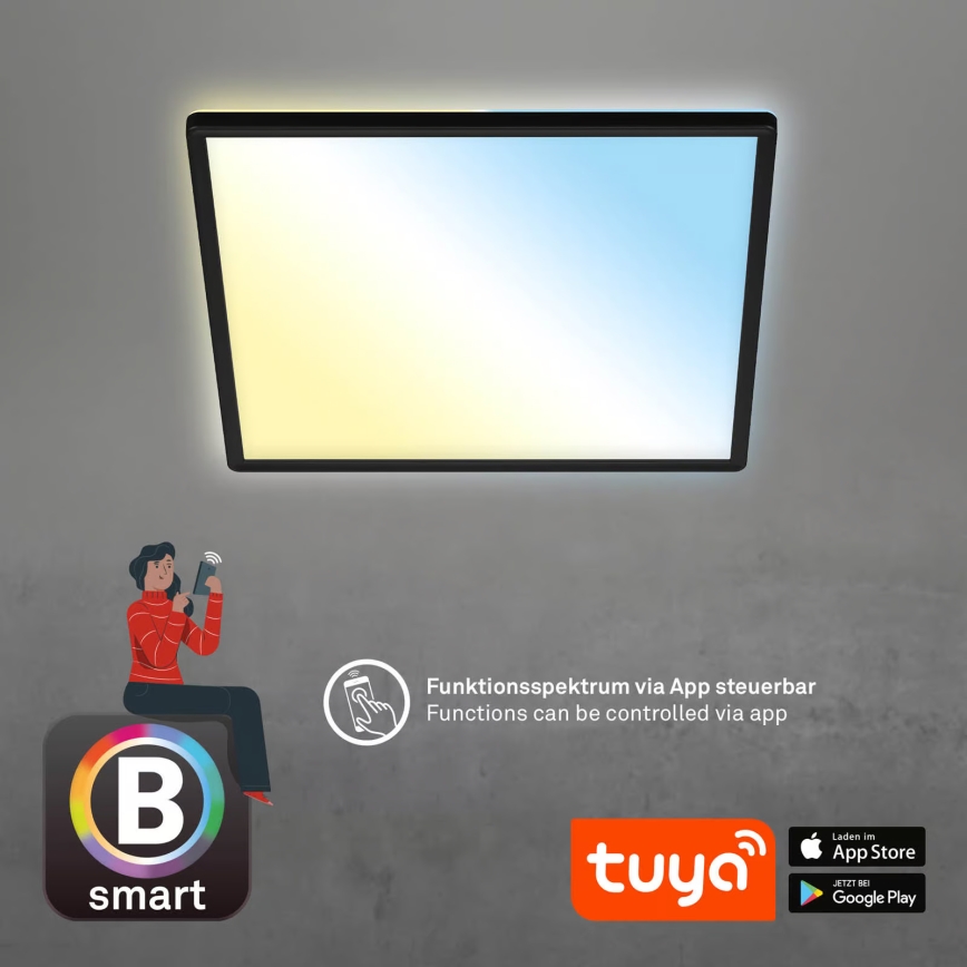 Briloner 7060-015 - LED prigušiva panel za površinsku montažu SLIM LED/22W/230V 2700-6500K 42x42 cm crna Wi-Fi Tuya + daljinski upravljač