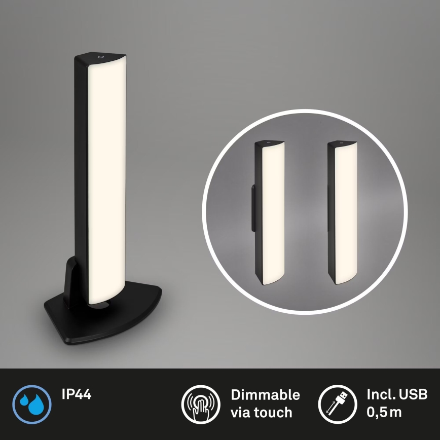 Briloner 7474-015 - LED prigušiva dodirna punjiva stona lampa za spoljašnju upotrebu 2 u 1 LED/7W/5V 2x2200 mAh USB 3000K IP44 crna