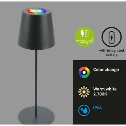 Briloner 7507015 - LED RGB prigušiva punjiva spoljašnja stona lampa 2 u 1 LED/2,5W/5V IP44 1200 mAh antracit