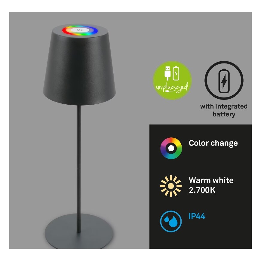 Briloner 7507015 - LED RGB prigušiva punjiva spoljašnja stona lampa 2 u 1 LED/2,5W/5V IP44 1200 mAh antracit