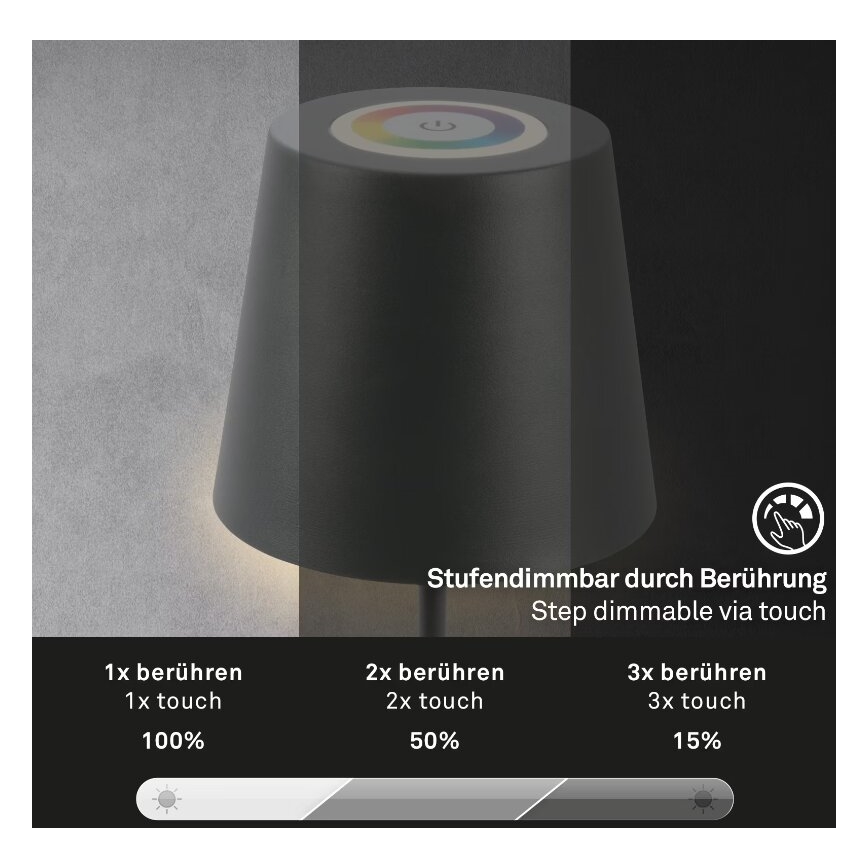 Briloner 7507015 - LED RGB prigušiva punjiva spoljašnja stona lampa 2 u 1 LED/2,5W/5V IP44 1200 mAh antracit