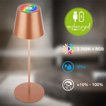 Briloner 7510013 - LED RGBW prigušiva spoljašnja punjiva stona lampa CALIDA LED/2,5W/5V IP44 1200 mAh bronzana