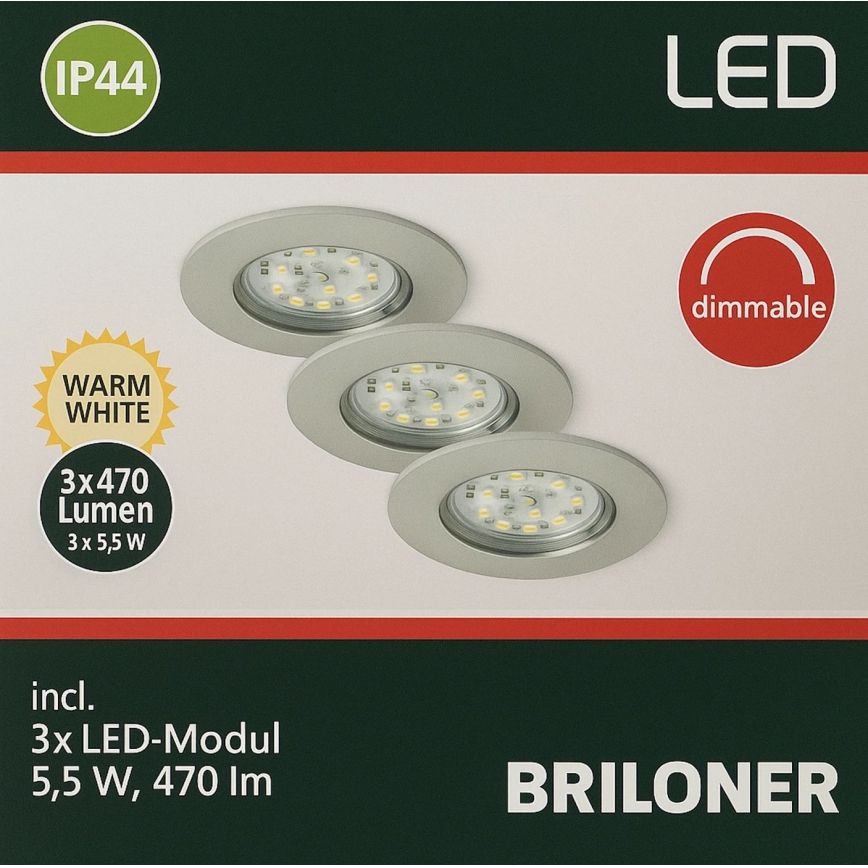 Briloner - SET 3x LED prigušiva ugradna svetiljka za kupatilo LED/5,5W/230V IP44