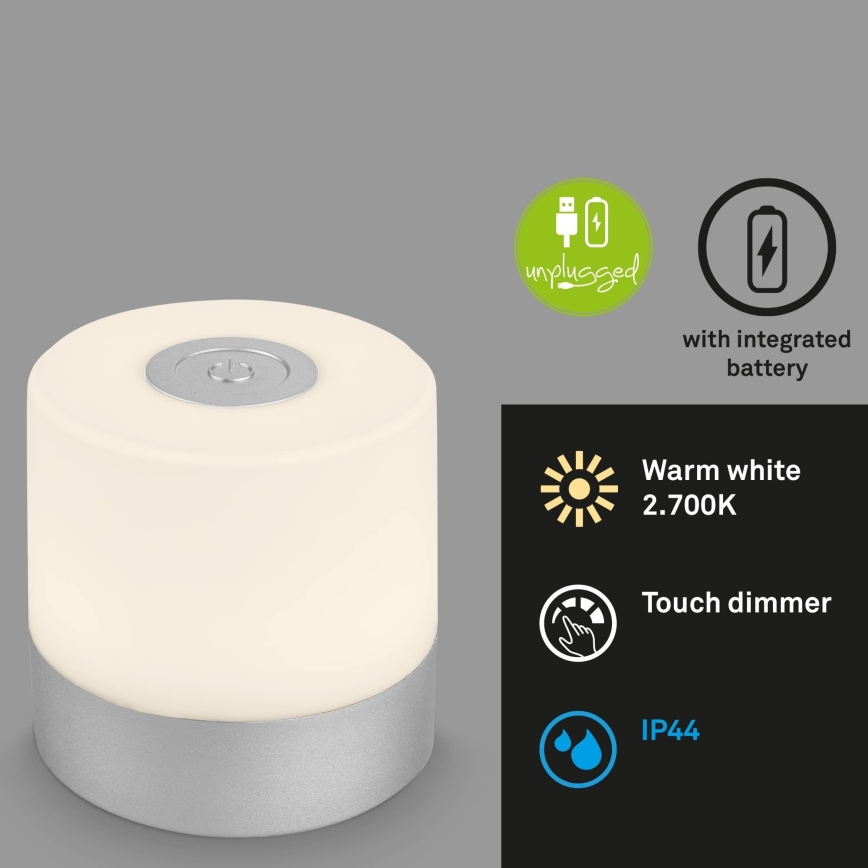 Briloner - LED punjiva dodirna stona lampa za spoljašnju upotrebu, s prigušiva funkcijom, LED/2W/5V 2700K IP44 1200 mAh, mat hrom