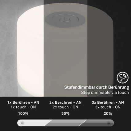 Briloner - LED punjiva dodirna stona lampa za spoljašnju upotrebu, s prigušiva funkcijom, LED/2W/5V 2700K IP44 1200 mAh, mat hrom