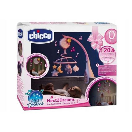 Chicco - 3u1 mobil za krevetac NEXT2DREAMS sa melodijom, napajanje 3xAA, ružičasta