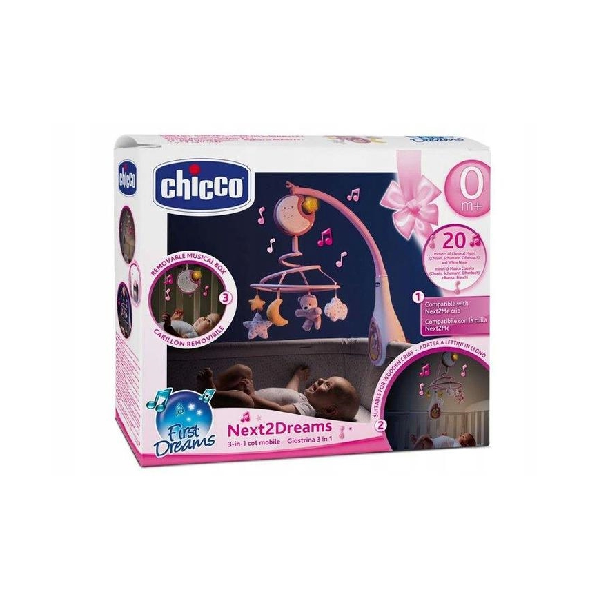 Chicco - 3u1 mobil za krevetac NEXT2DREAMS sa melodijom, napajanje 3xAA, ružičasta