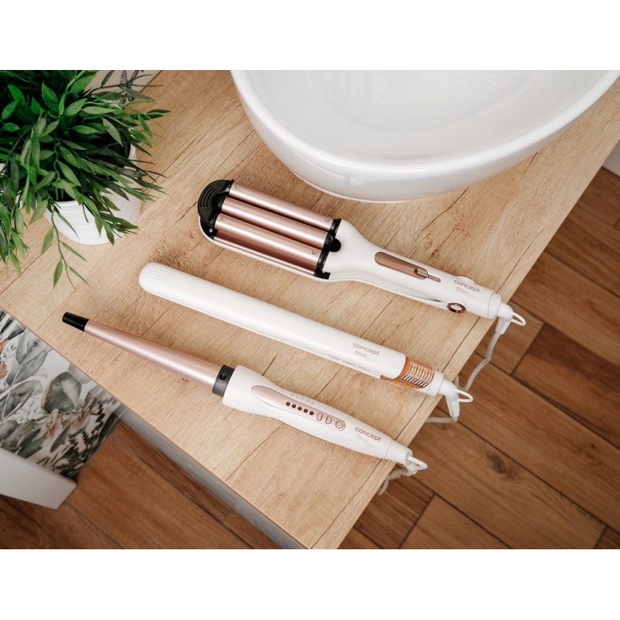 Concept KT2140 - Trostruka figaro pegla za kosu GLAM STYLE 100W/230V bela/roze zlato